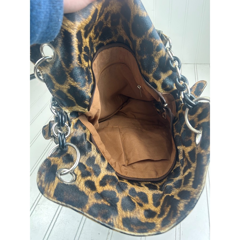 Leopard Print Slouchy Punk Grunge Edgy Vintage Y2K Chain Strap Shoulder Bag - Picture 3 of 13